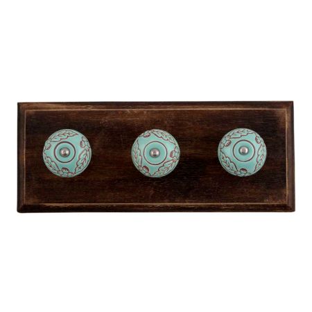 Sea Green Brown Leaf Flower Etched Ceramic Wooden Hooks